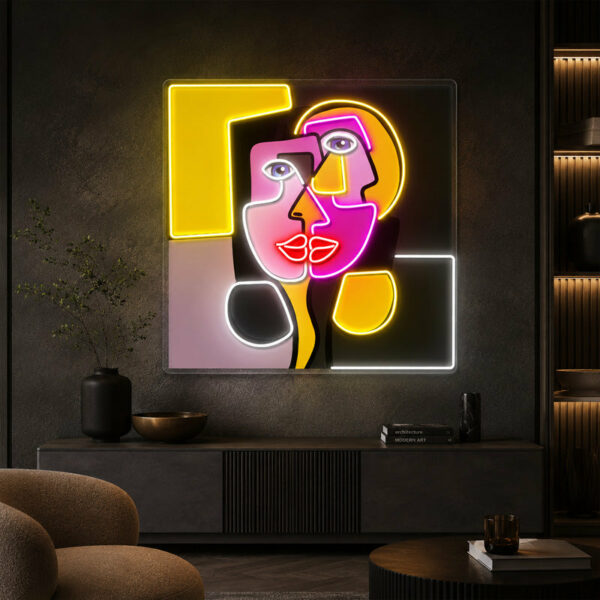 Abstract Neon Art - Bright Cubist Face LED Wall Art