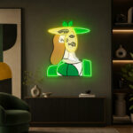 Abstract Neon Art - Green Cubist Portrait Wall Decor