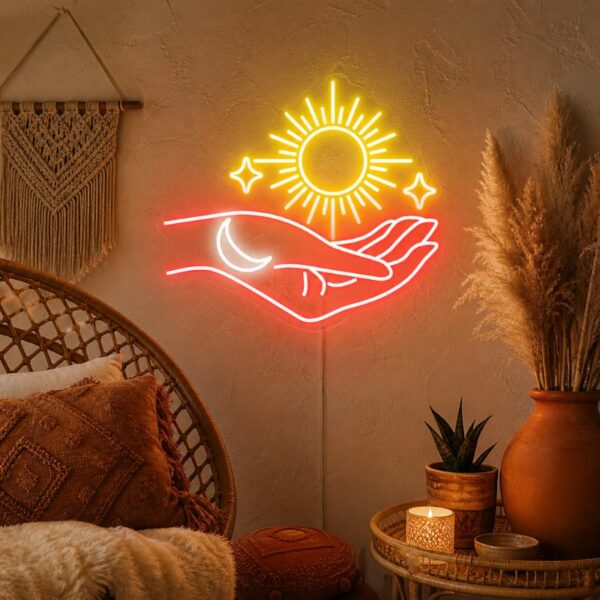 Custom Boho Neon Sign | Sun Moon Hand LED Decor for Bedroom & Meditation Room