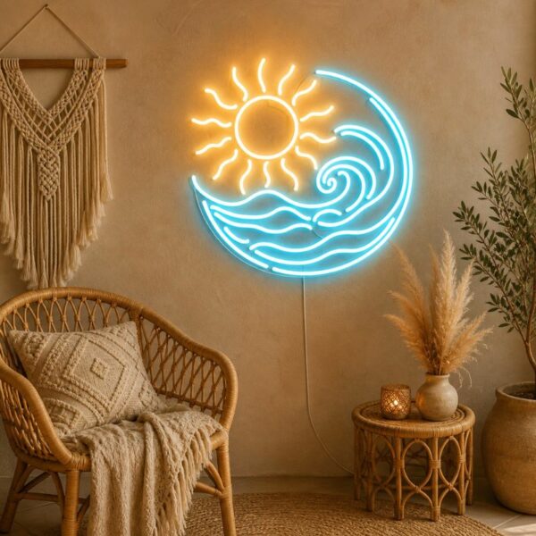Custom Boho Neon Sign | Sun Wave LED Wall Decor for Bedroom & Living Room