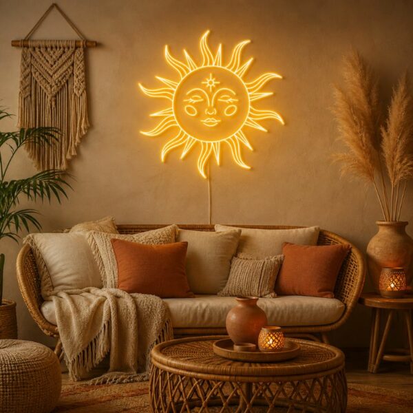 Custom Boho Neon Sign | Sun Face LED Wall Decor for Bedroom & Living Room