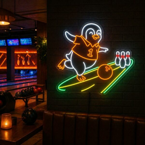 Custom Bowling Neon Sign | Penguin Bowling LED Wall Light for Game Room & Kids Room