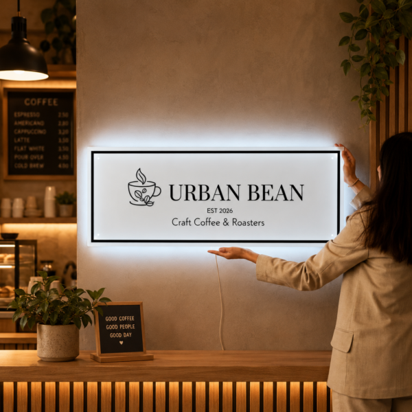 Custom Backlit Business Sign – 3D Acrylic LED Logo Wall Sign for Office, Salon & Cafe