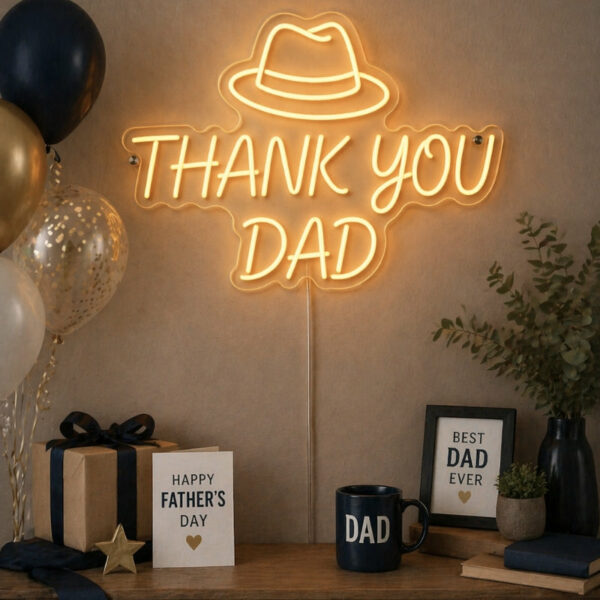Thank You Dad Neon Sign | Hat LED Wall Decor for Man Cave & Father’s Day Gift