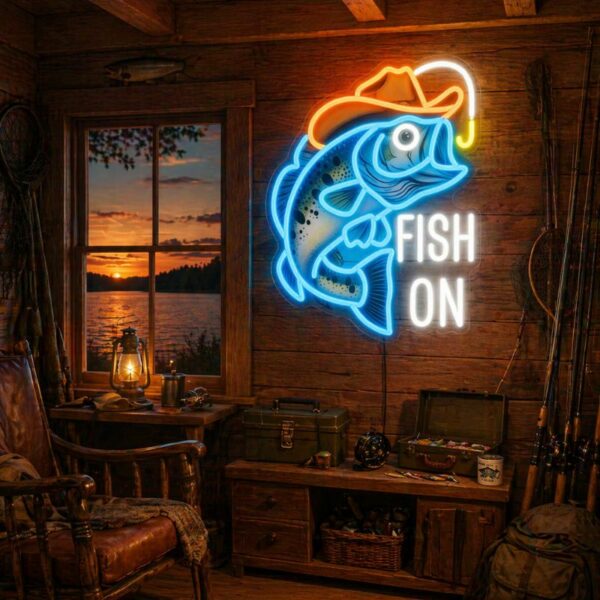 Custom Fishing Neon Sign | Fish On LED Wall Decor for Cabin & Man Cave
