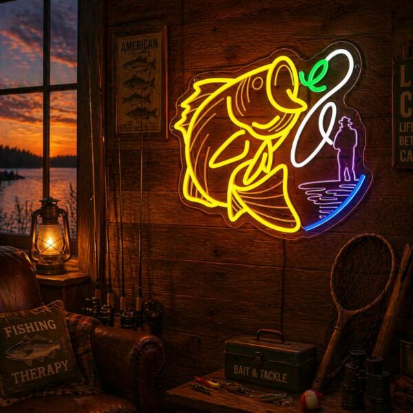 Custom Fishing Neon Sign | Fish & Angler LED Wall Art for Cabin & Man Cave