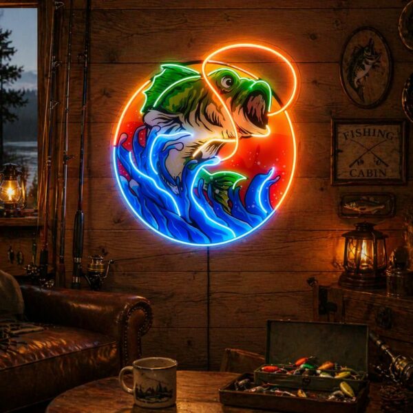 Custom Fishing Neon Sign | Jumping Bass LED Wall Light for Cabin & Man Cave