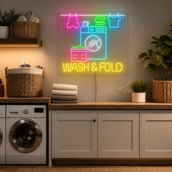 Funny Laundry Room Neon Sign | Wash & Fold LED Decor for Laundry Room