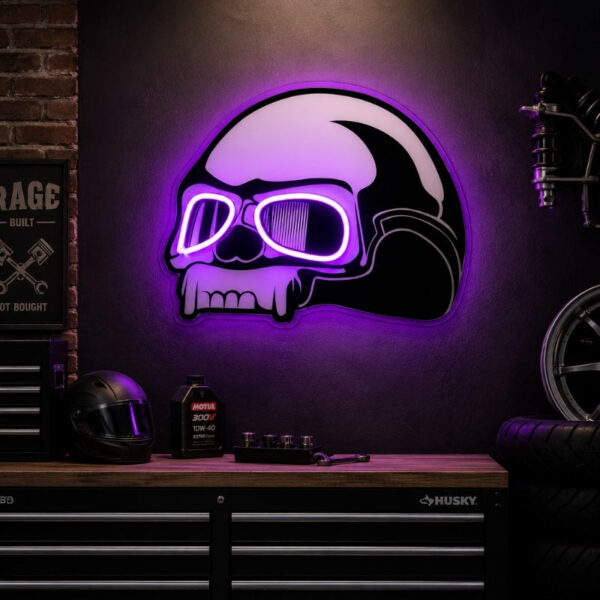 Garage Neon Sign - Purple Skull Helmet Wall Decor Art