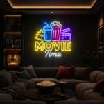 Custom Home Cinema Neon Sign | Movie Time Popcorn LED Decor for Theater Room