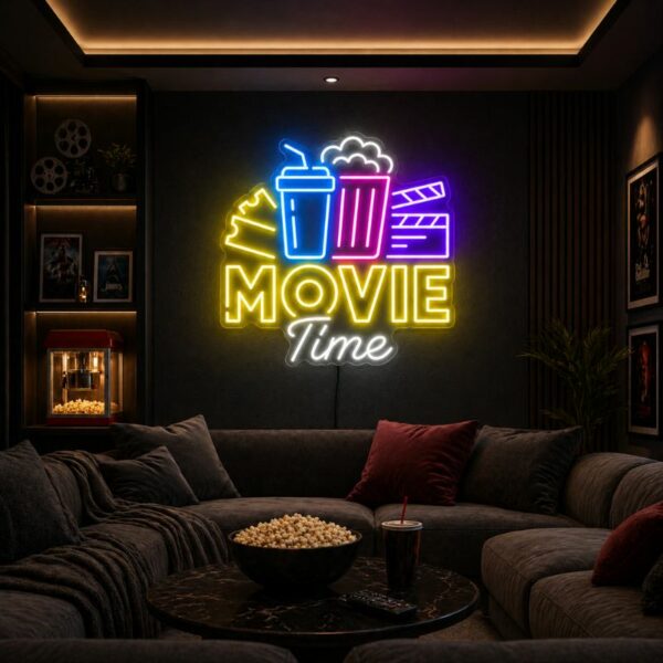 Custom Home Cinema Neon Sign | Movie Time Popcorn LED Decor for Theater Room