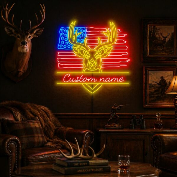 Hunting Neon Sign Lodge - Custom Deer Flag Wall Art
