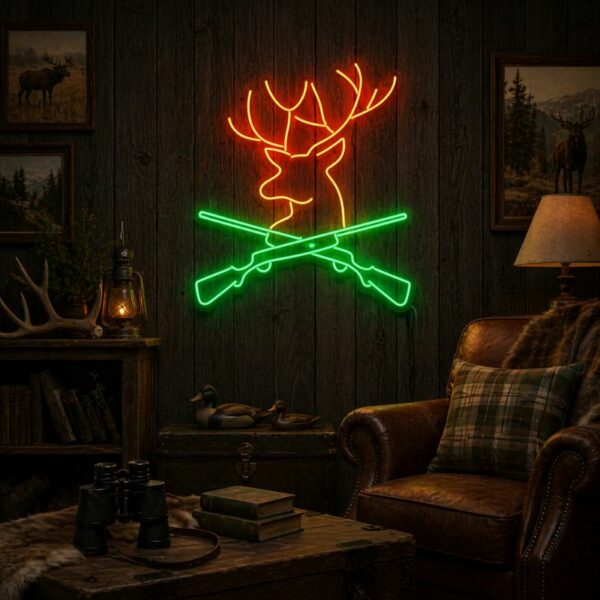 Custom Hunting Neon Sign | Deer Rifle LED Wall Decor for Cabin & Man Cave