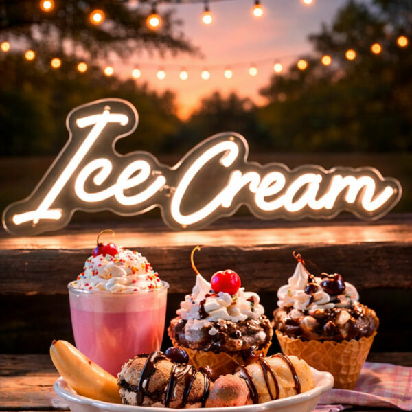 “Ice Cream” Warm White Neon LED Sign – Playful Dessert Quote Light for Ice Cream Shops, Cafés, Dessert Bars, Kids’ Rooms & Aesthetic Interior Decor