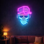 MNK Neon Monkey Skull Wall Sign – Bold Street-Art Monkey with Cigarette, Pink & Blue Neon Lighting for Modern Living Rooms, Bars, Studios, and Gaming Spaces
