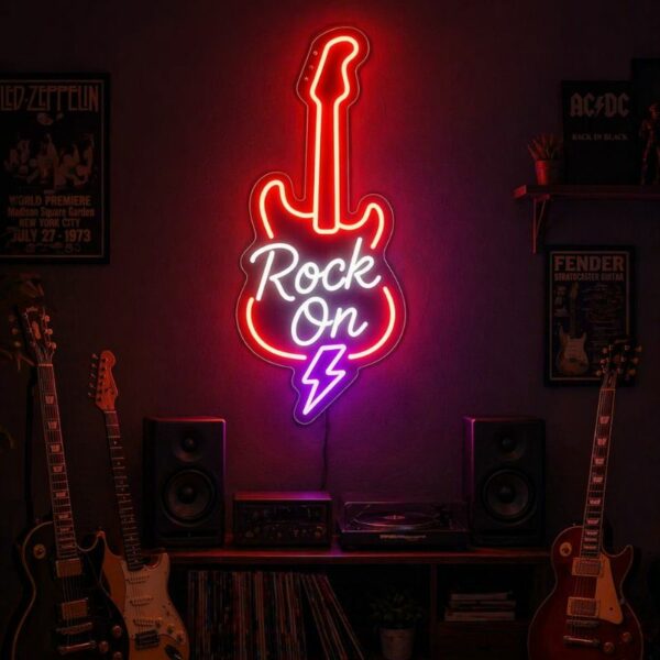 Custom Guitar Neon Sign | Rock On LED Wall Decor for Music Room & Studio