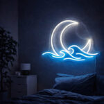 Neon Sailboat Moon Wall Art – Blue & White LED Ocean Night Neon Sign