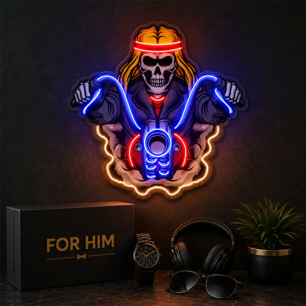 Neon Sign Gift For Men - Skull Biker LED Wall Light