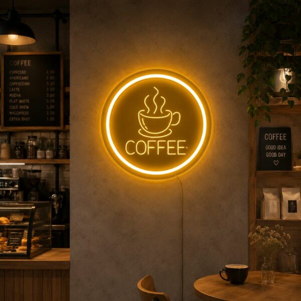 Neon Sign For Coffee Shop - Round Golden LED Sign