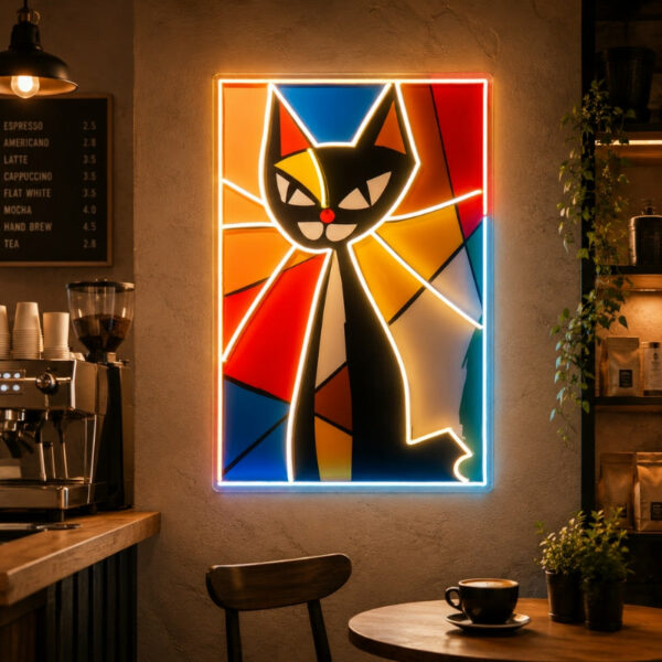 Neon Signs For Coffee Shop - Stained Glass Cat Decor