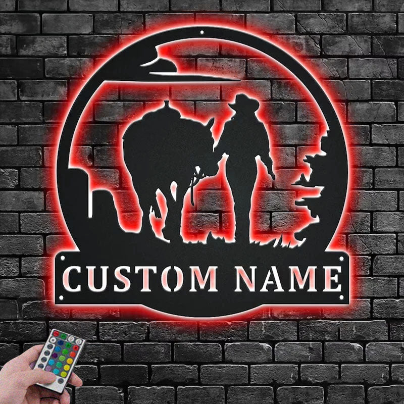 PersonalizedCowgirlWalkingWithHorseMetalWallSignsWithRGBLedLight.jpg