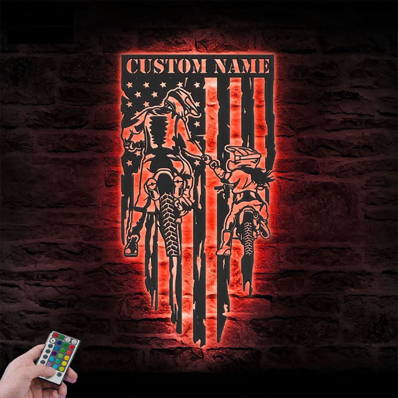 PersonalizedFatherDaughterMotocrossBikerUSFlag_MetalWallSignsWithRGBLedLight.jpg