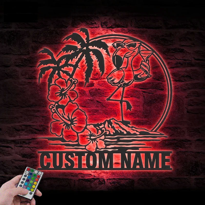 PersonalizedFlamingoSunglassHawaiianFlowerScene_MetalWallSignsWithRGBLedLight.jpg