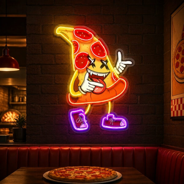 Pizza Neon Sign - Funny Cartoon Pizza Slice Wall Decor