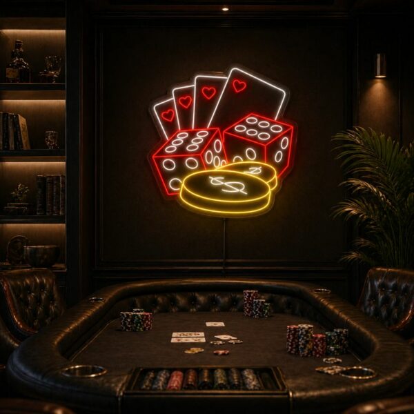 Custom Poker Room Neon Sign | Casino Dice LED Wall Decor for Game Room & Man Cave