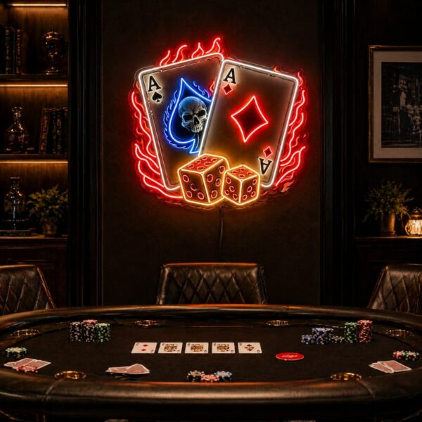 Custom Poker Room Neon Sign | Flaming Cards LED Wall Decor for Game Room & Man Cave