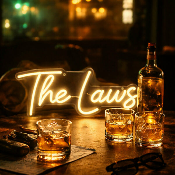 “The Laws” Warm White Neon LED Sign – Minimal Script Light for Modern Interiors, Fashion Studios & Creative Spaces
