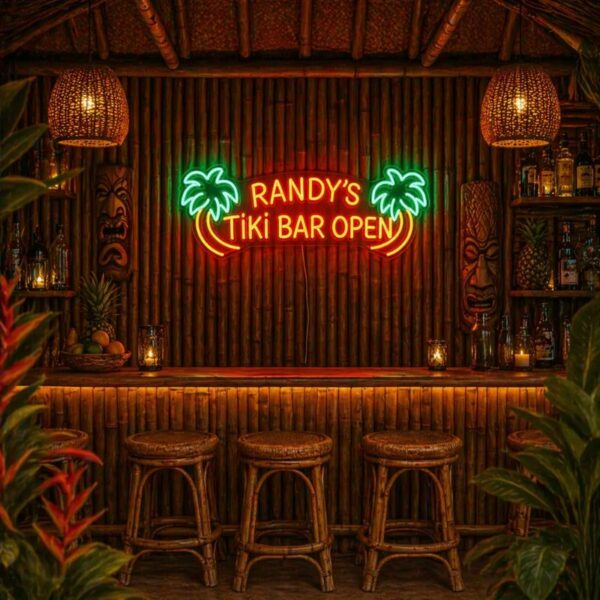 Tiki Bar Neon Sign - Tropical Open Palm LED Wall Light for Home Bar & Patio