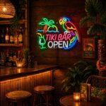 Tiki Bar Neon Sign - Tropical Open Parrot LED Wall Art for Home Bar & Patio