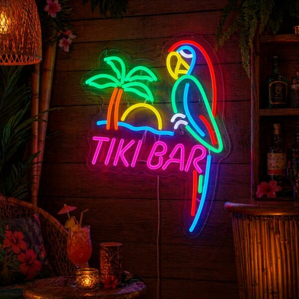 Tiki Bar Neon Sign - Tropical Parrot LED Wall Decor for Home Bar & Patio