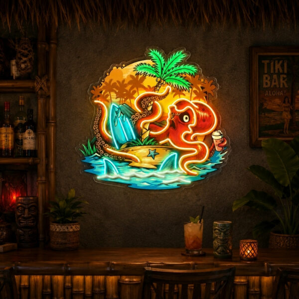 Tiki Bar Neon Sign Tropical - Octopus Island Decor