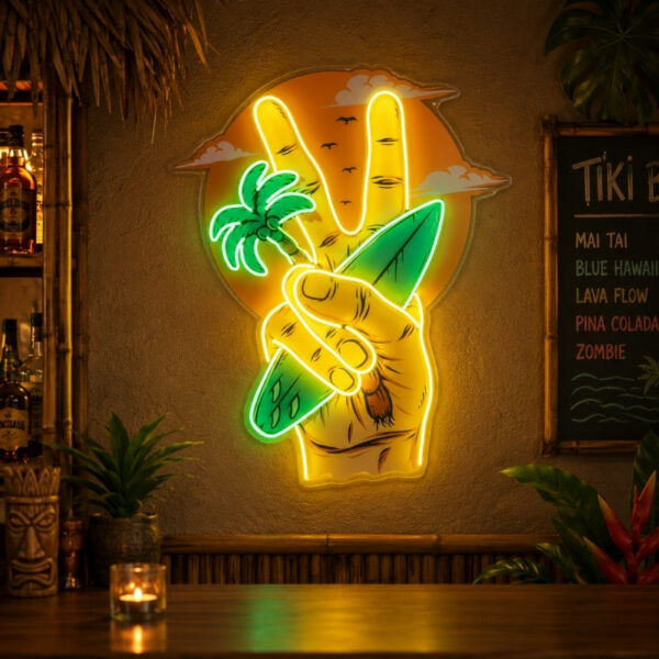 Tiki Bar Neon Sign Tropical - Peace Hand Wall Decor