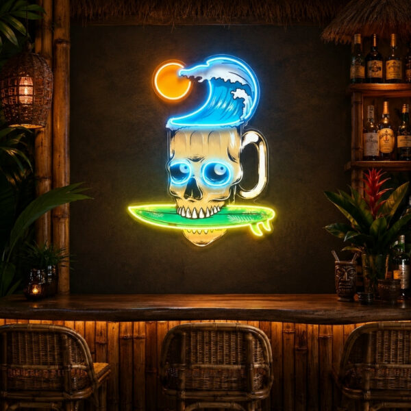 Tiki Bar Neon Sign Tropical - Skull Surf Mug Decor