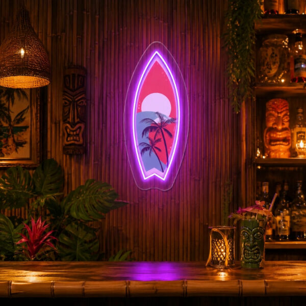 Tiki Bar Neon Sign Tropical - Surfboard Palm Decor