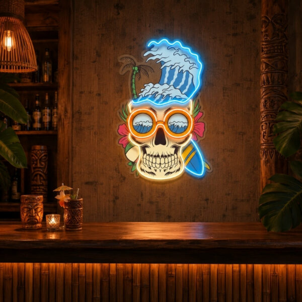 Tiki Bar Neon Sign Tropical - Wave Skull Wall Decor