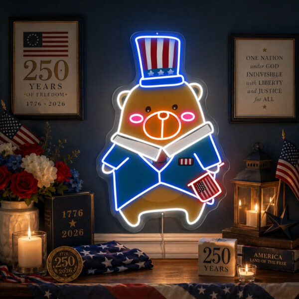 USA 250th Anniversary Neon Sign - Patriotic Bear Art