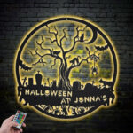 Custom Name Black Cat Halloween, Metal Wall Signs With RGB Led Light
