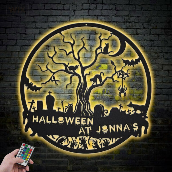 Custom Name Black Cat Halloween, Metal Wall Signs With RGB Led Light